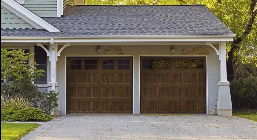 two door garage with clopay bridgeport walnut steel design